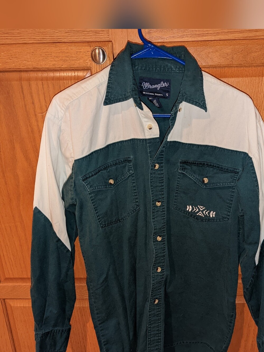 Vintage Wrangler green white denim western button front shirt Men size S Small